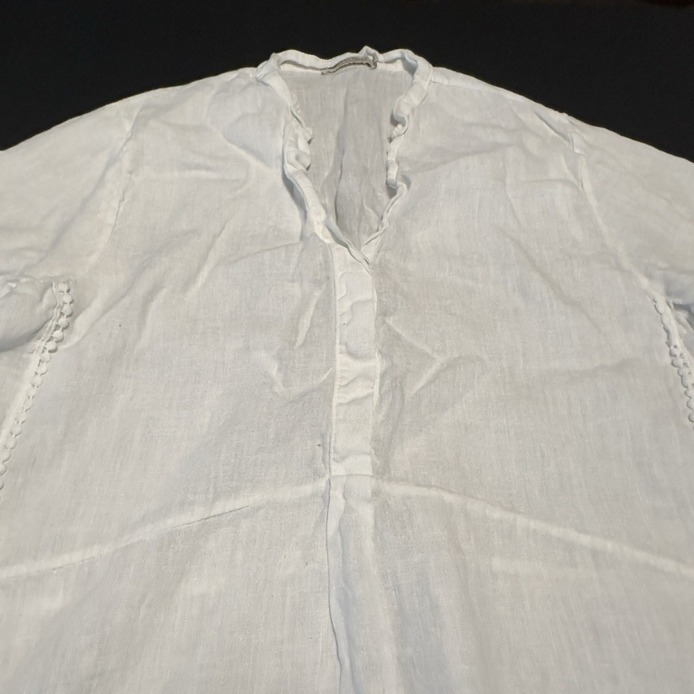 Laura Bianchi Luxury Linen Popover Tunic Med White Cover Up Shirt Italy Pom Pom - Picture 2 of 10